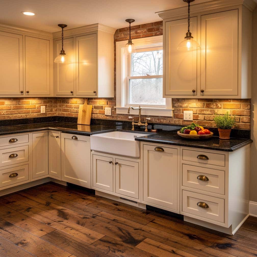 Rustic kitchen with antique white paneled cabinets, dark granite countertops with bullnose edge, and an exposed brick backsplash