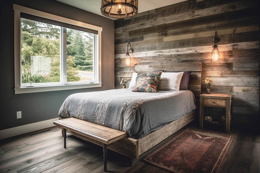 Rustic style room with weathered wood accent wall and sconce lighting