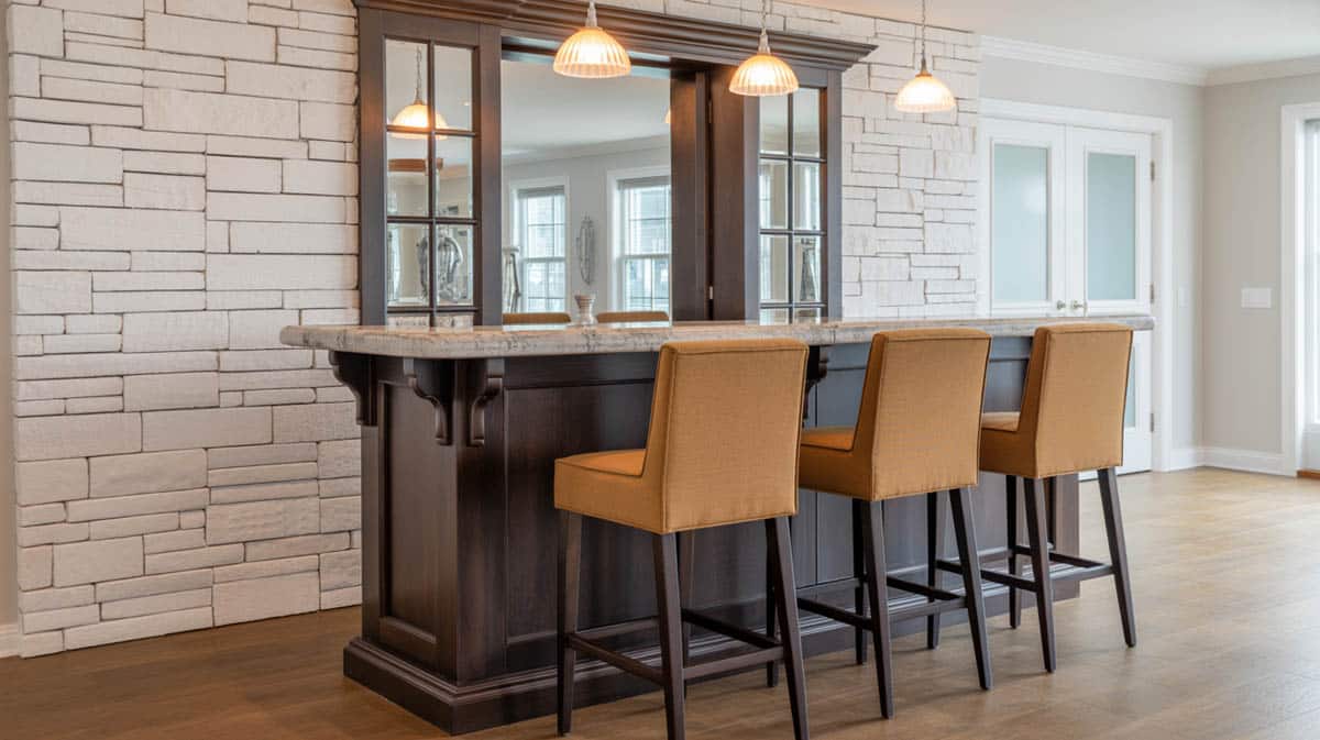 Bar with smooth white walls contrasting a rough stacked stone back wall