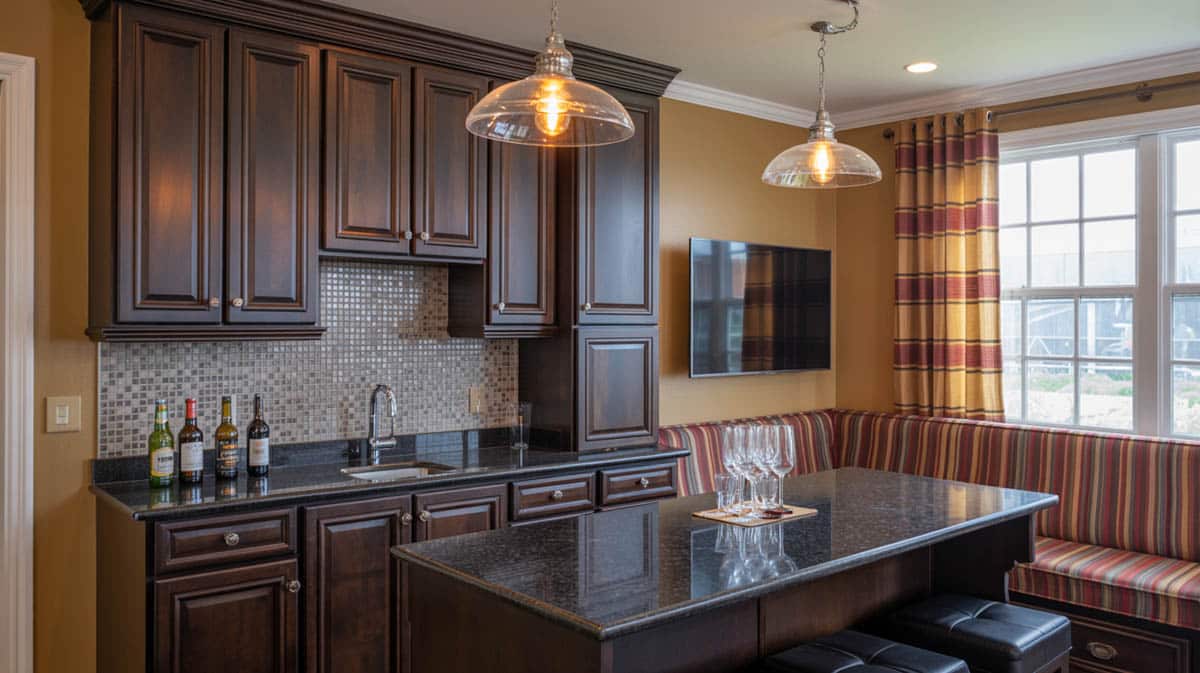 Intimate bar nook with banquette seating, pendant lights, and a black granite countertop