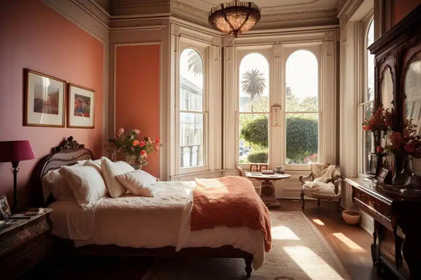 Victorian interior with large windows and peach walls