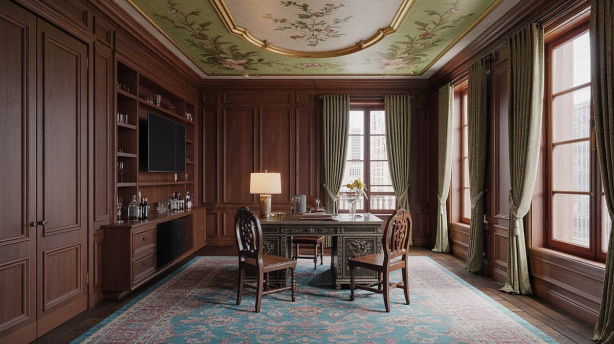 Ornate home office with a built-in wood bar tucked off to the side