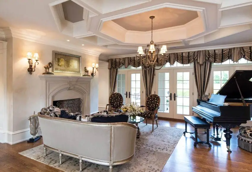 Traditional formal living room with tray ceiling and chandelier