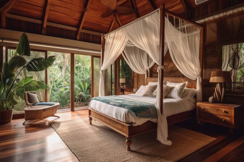 Tropical bedroom with four post canopy bed