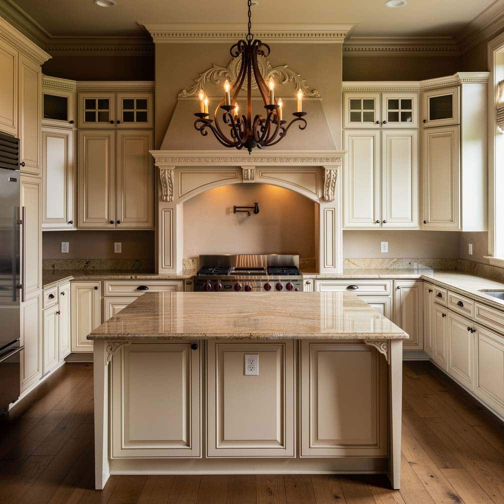 Symmetrical U-shaped antique white kitchen with a centered island in front of a floor-to-ceiling range hood architrave