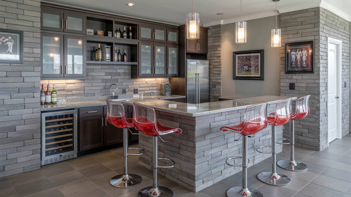 Modern basement bar with a peninsula countertop, glass stools, and frosted glass upper cabinets