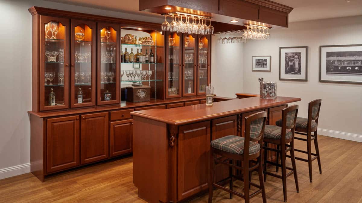 Cherry wood basement bar with glass-door cabinets for displaying glassware