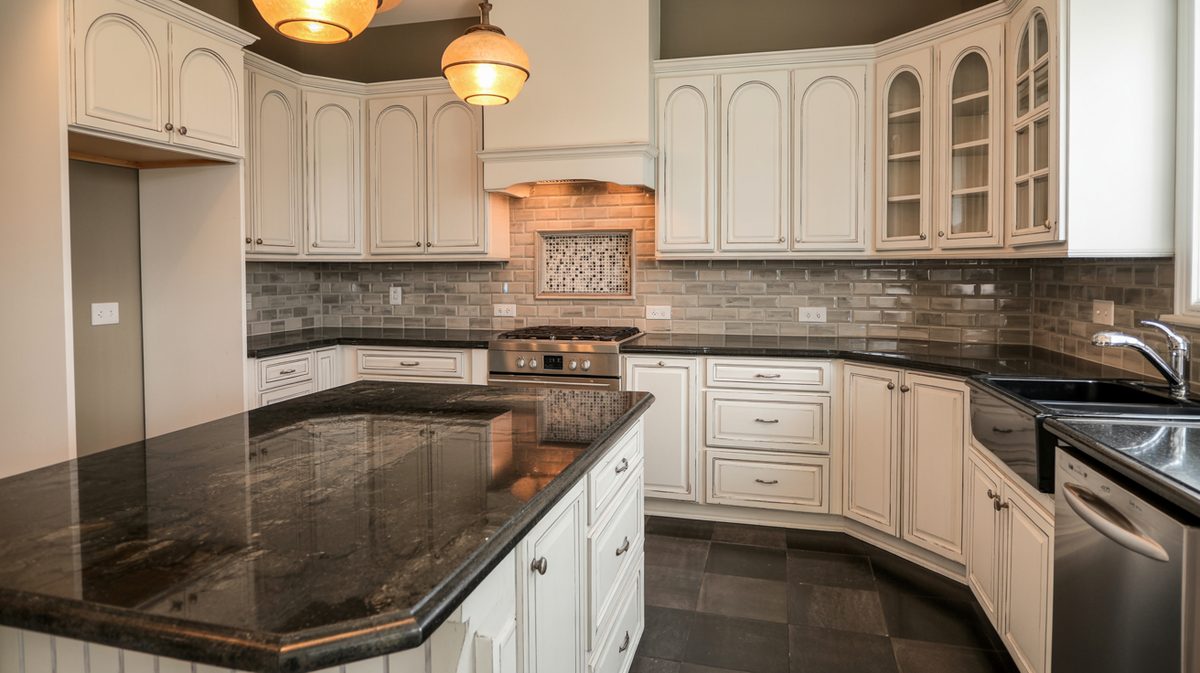 White arched-panel kitchen with dark charcoal granite countertops, amber globe pendant lights, and dark tile flooring