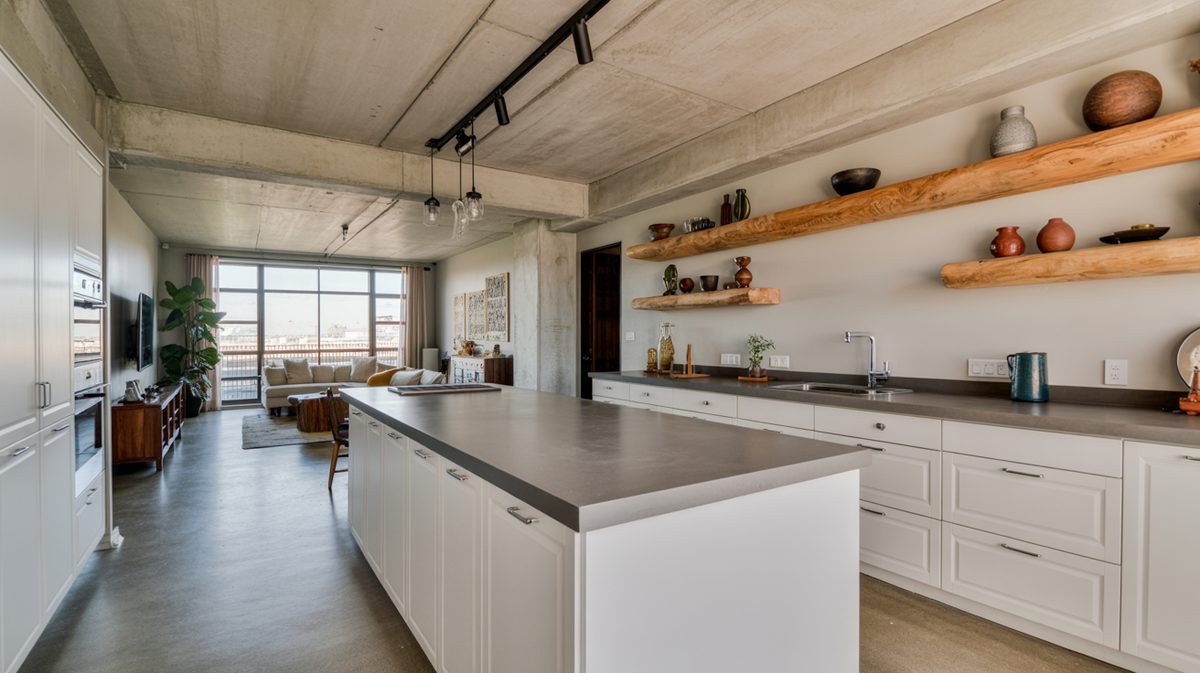 Minimalist flat-front kitchen with gray concrete island countertop, exposed concrete ceiling, and wood floating shelves in a loft