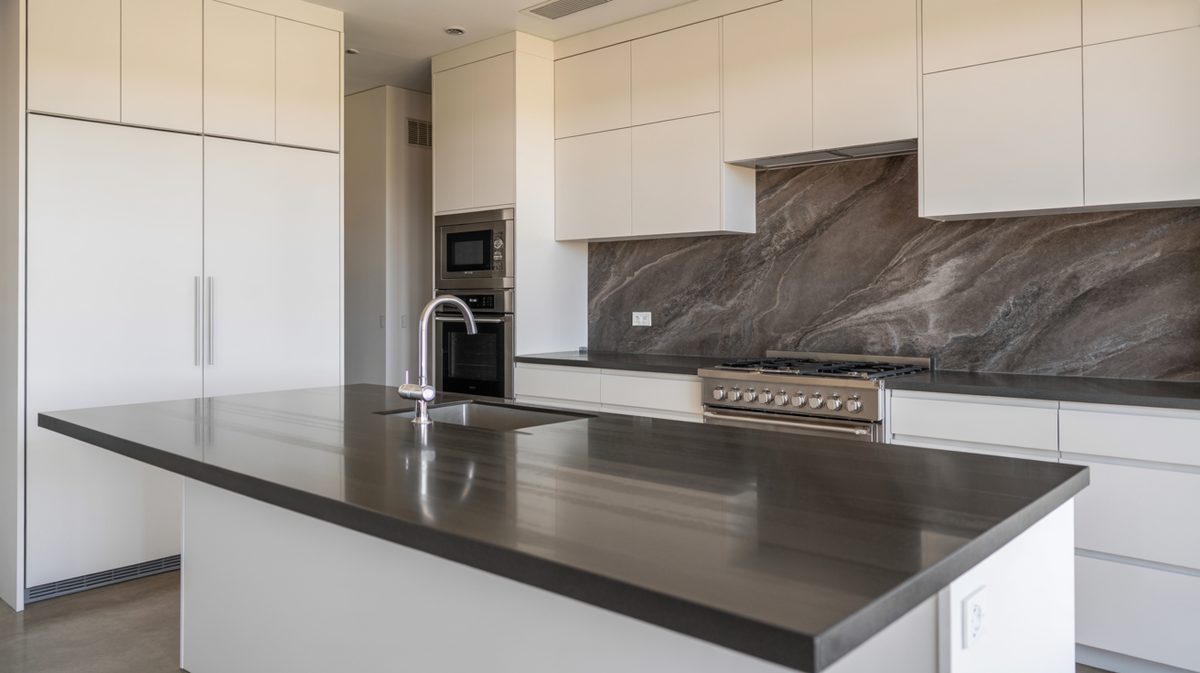 Sleek white flat-front kitchen with dark charcoal island countertop, full-height marble slab backsplash, and built-in stainless wall oven