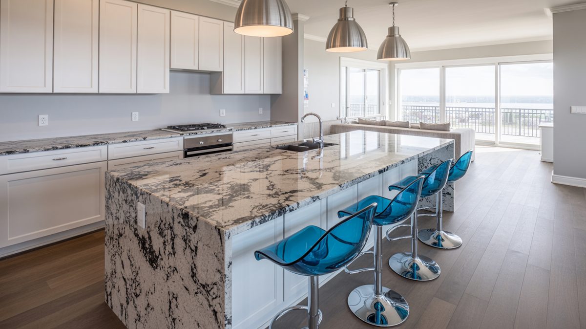 Open-plan kitchen with white flat-front cabinets, fantasy white granite island, teal acrylic bar stools, and panoramic view