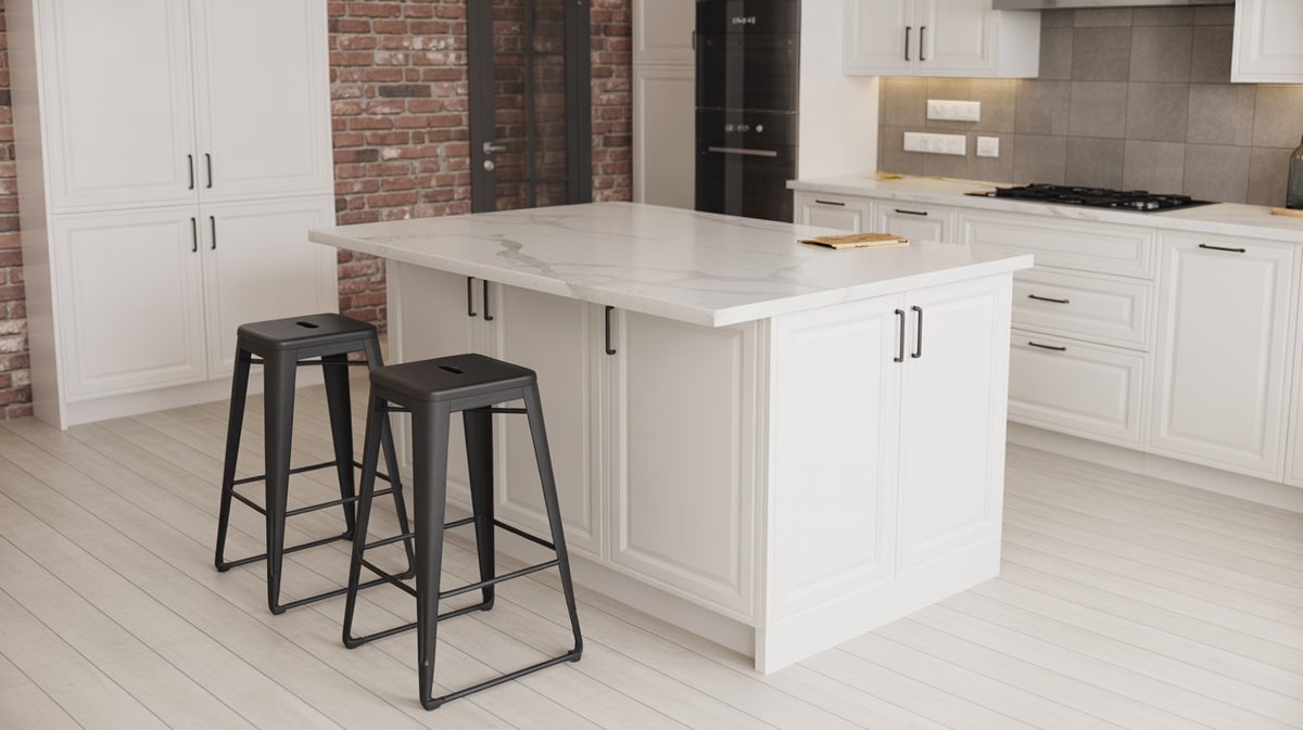 Modern white kitchen with marble peninsula countertop, two black metal bar stools, and exposed red brick accent wall