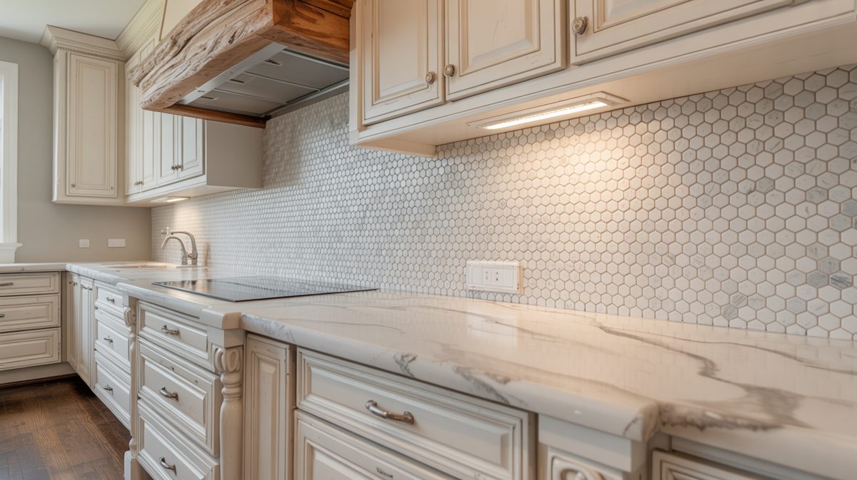 Close-up of white kitchen with veined marble countertop, hexagonal white mosaic tile backsplash, and exposed wood ceiling beam