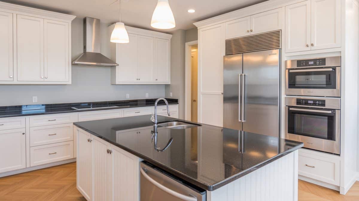 Contemporary white kitchen with polished black granite island countertop, white cone pendant lights, and stainless appliances