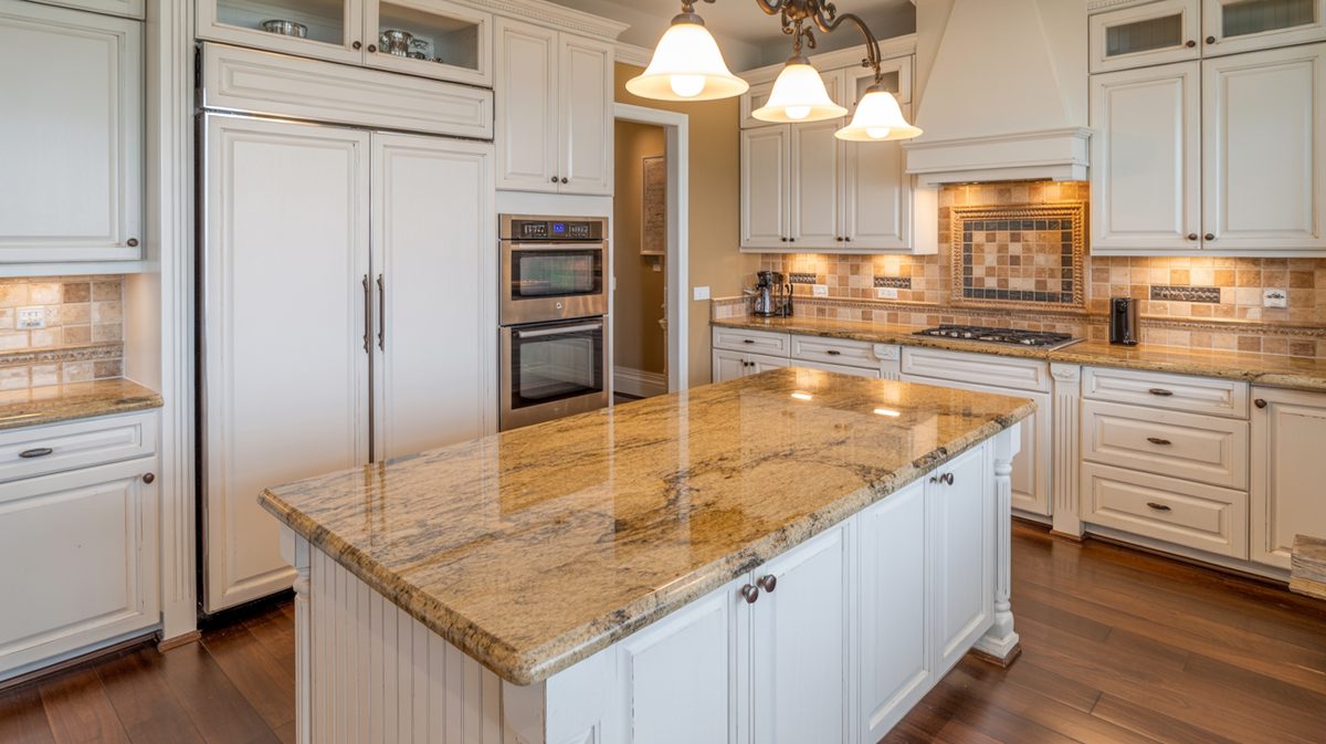 Traditional raised-panel kitchen with tan gold granite island, chandelier pendant lights, and warm mosaic tile backsplash