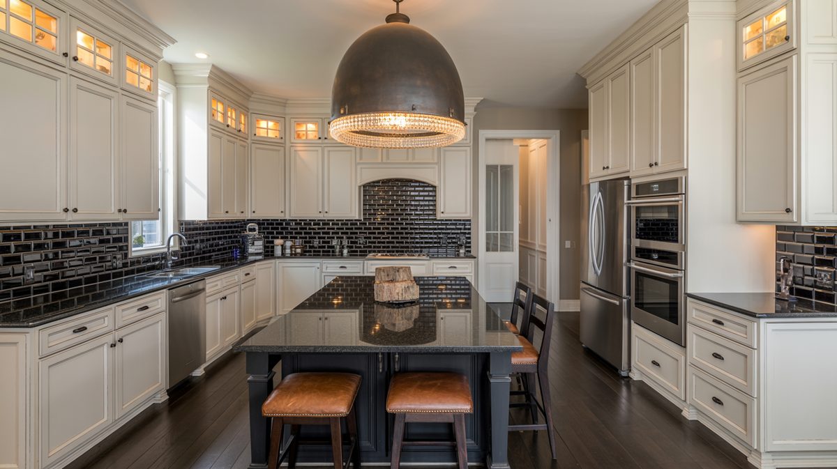 White kitchen featuring black granite countertops, black subway tile backsplash, and a large industrial dome pendant light