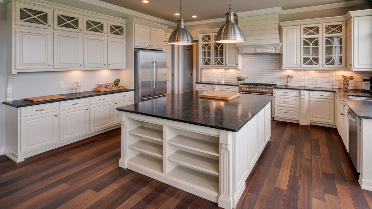Shaker-style kitchen with dark galaxy granite island countertop, open painted shelves below, and rich walnut hardwood floors