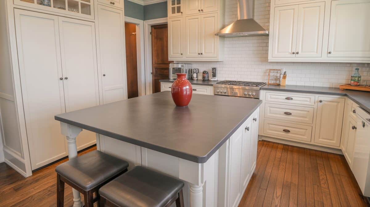 Transitional kitchen with white shaker cabinets, smooth gray quartz island, stainless range hood, and subway tile backsplash