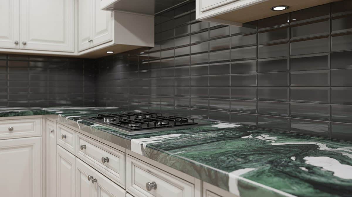 Bold white kitchen with dramatic green and white veined marble countertop and tall charcoal linear tile backsplash