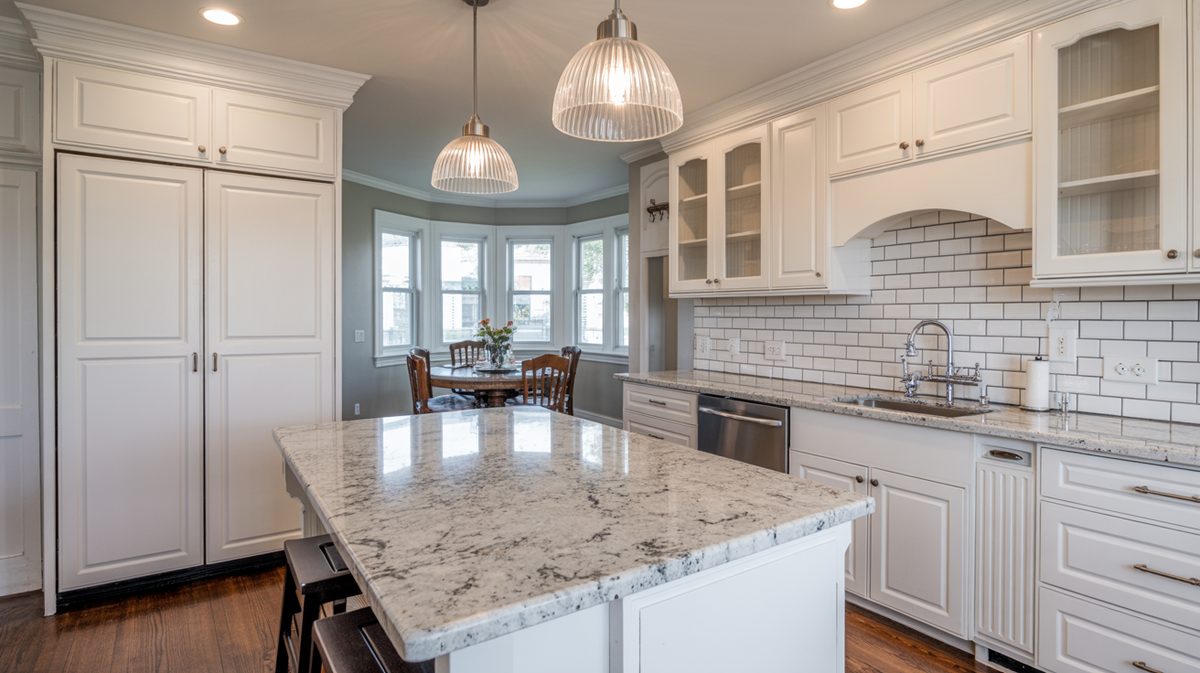 Classic kitchen with white shaker cabinets, speckled white and gray granite peninsula, and ribbed glass dome pendants