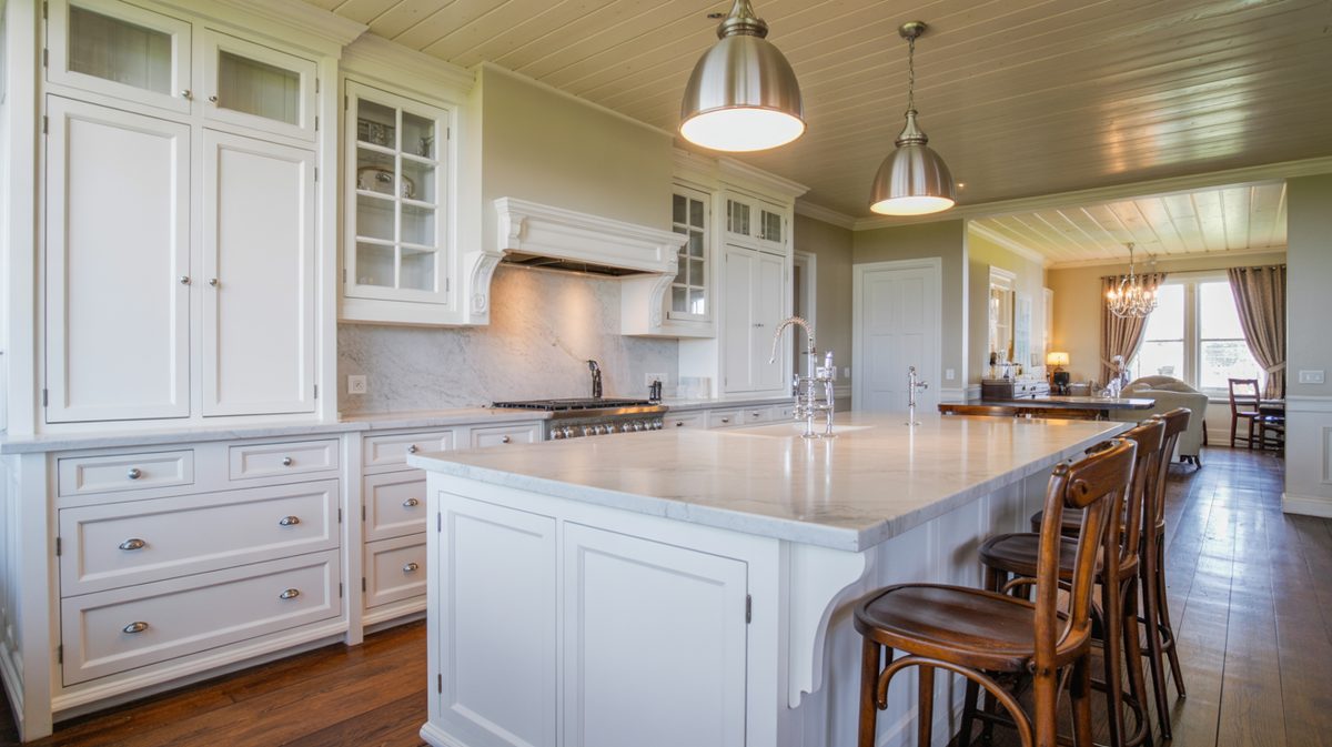 Bright white traditional kitchen with marble island countertop, silver dome pendant lights, wood plank ceiling, and walnut bar stools