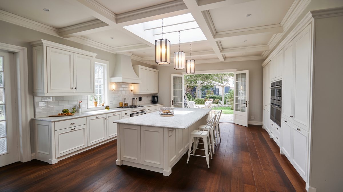 Elegant white transitional kitchen with marble island countertop, coffered ceiling with skylights, and cylinder pendant lights
