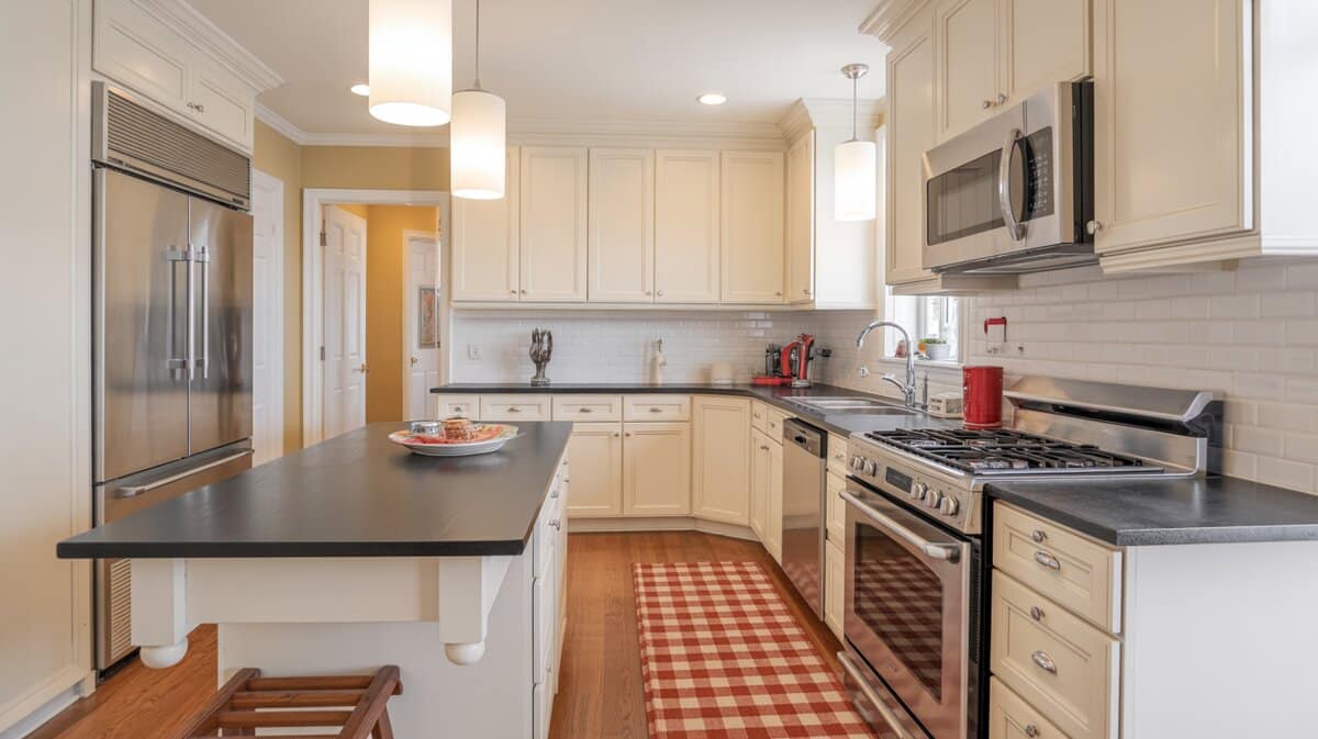 Compact white kitchen with black soapstone peninsula breakfast bar and checkered floor rug