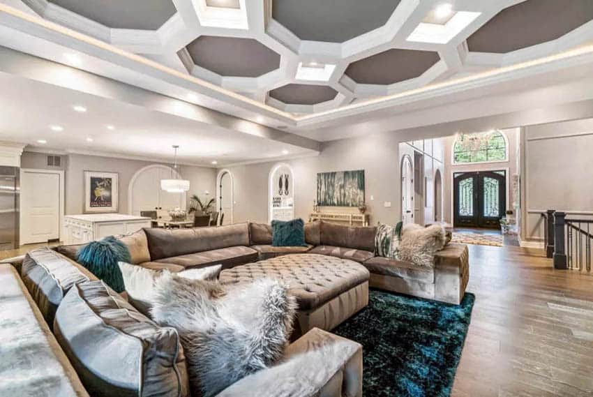 Contemporary living room with custom tray ceiling and led lighting