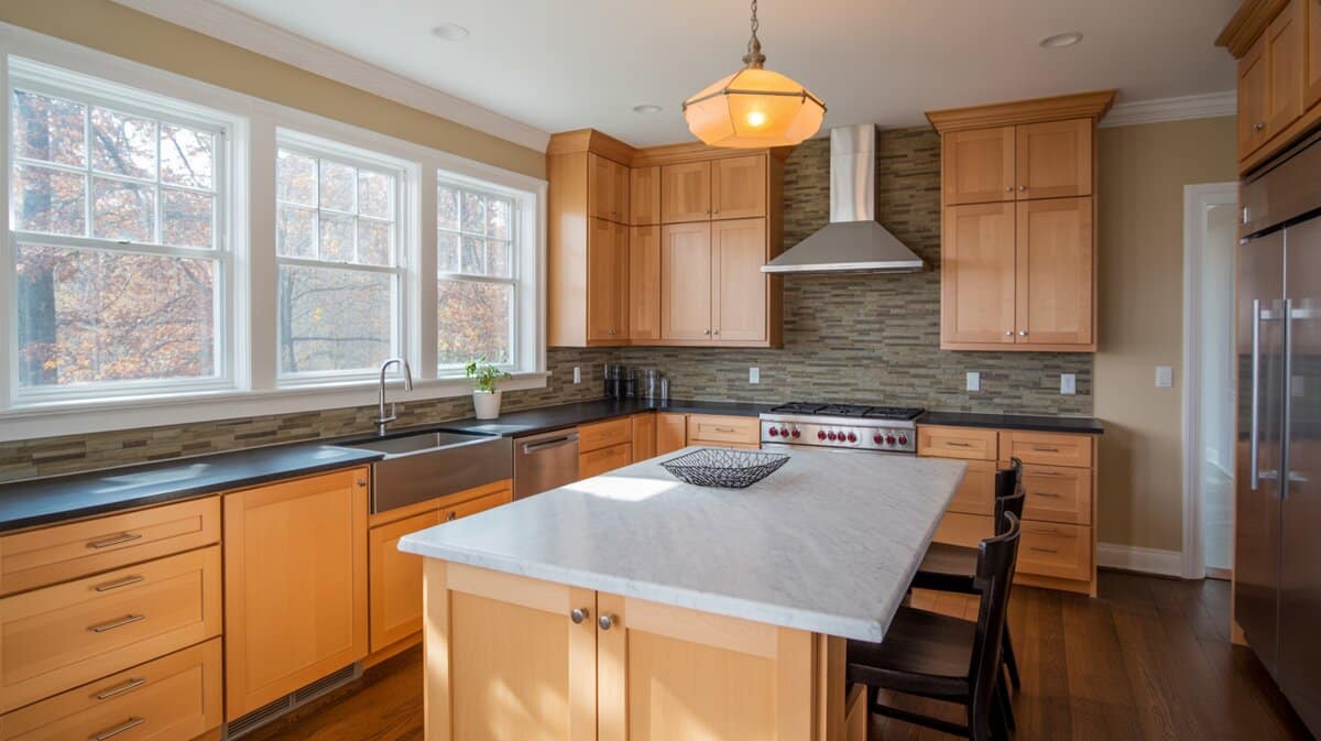Contemporary kitchen with light maple cabinets, black soapstone perimeter, and white marble island