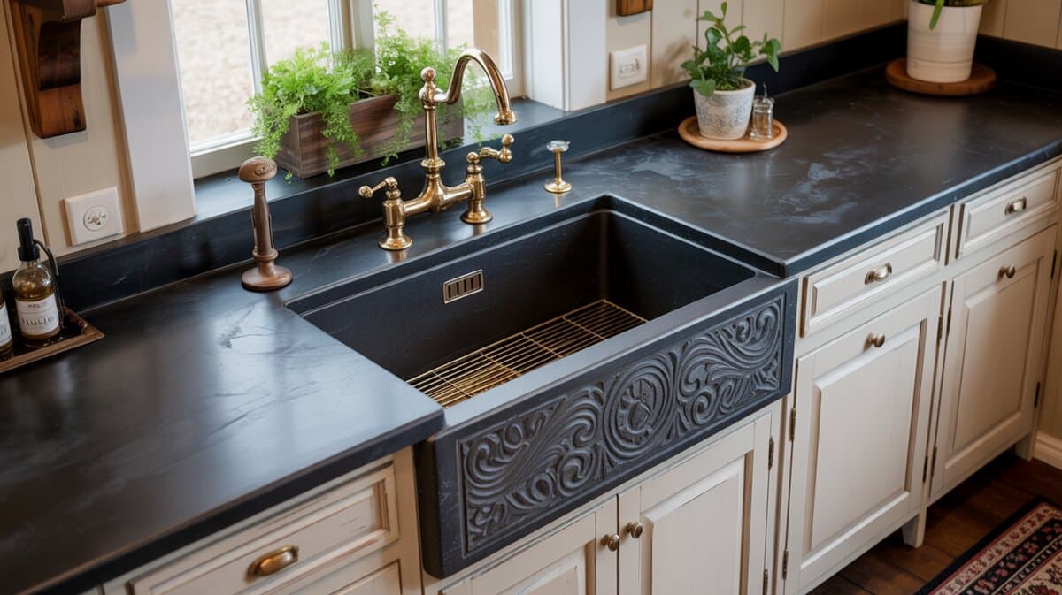 Cottage kitchen with carved integrated black soapstone farmhouse sink and built-in drainboard