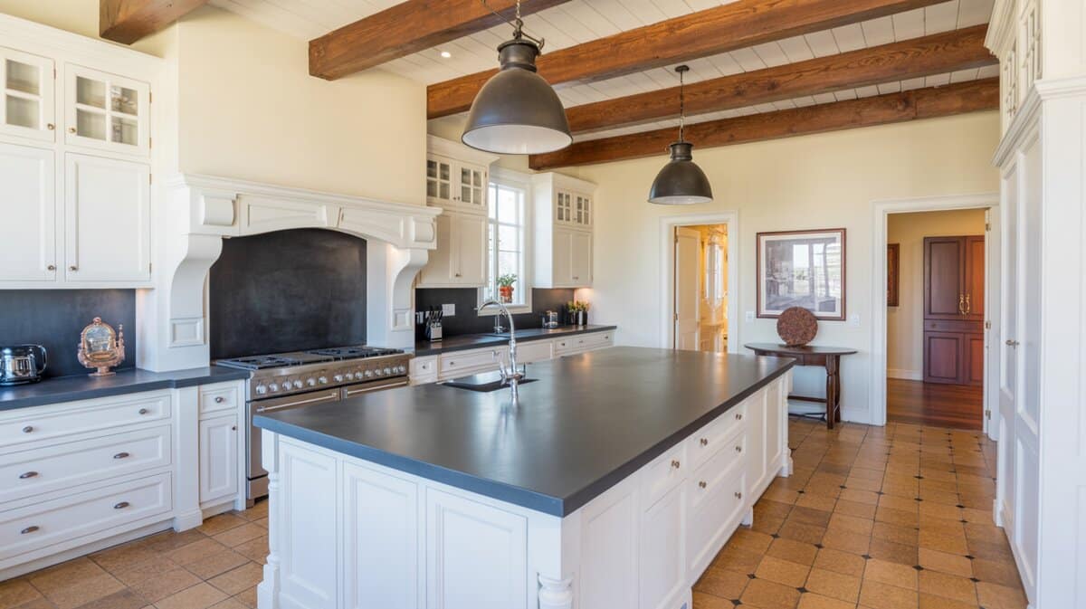 Elegant white kitchen with dark gray soapstone island and exposed rustic wood beam ceiling