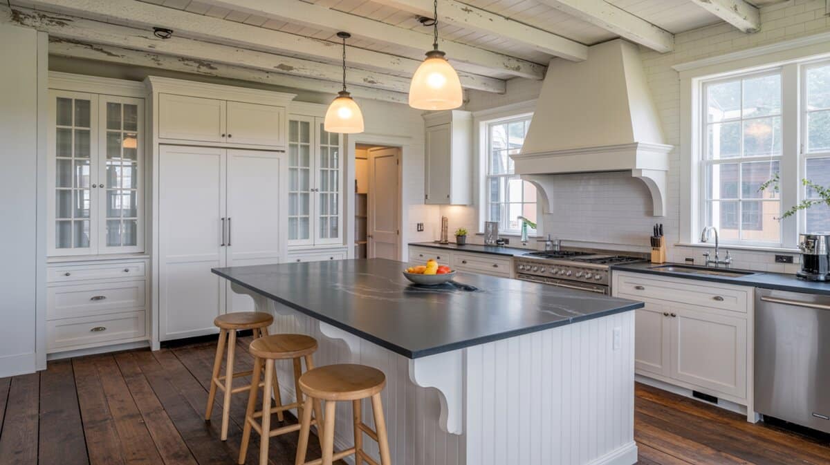 Farmhouse kitchen with white shaker cabinets, black soapstone island, and weathered wood beam ceiling