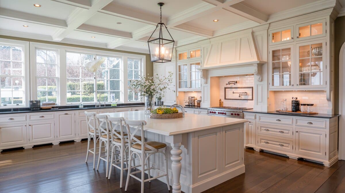 Grand traditional white kitchen with coffered ceiling and black soapstone perimeter counters