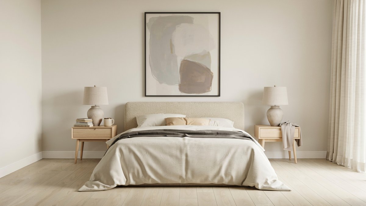 Square framed abstract art hung close over a boucle headboard between two lamps