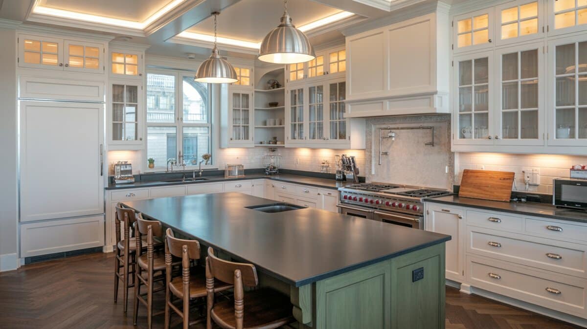 Large chef kitchen with white glass-front cabinets and dark green soapstone countertops