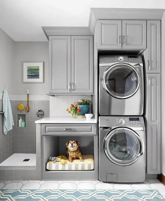 Laundry with dog bed small shower