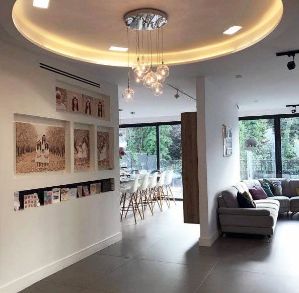 Room with horizontal picture display with cards and circular tray ceiling