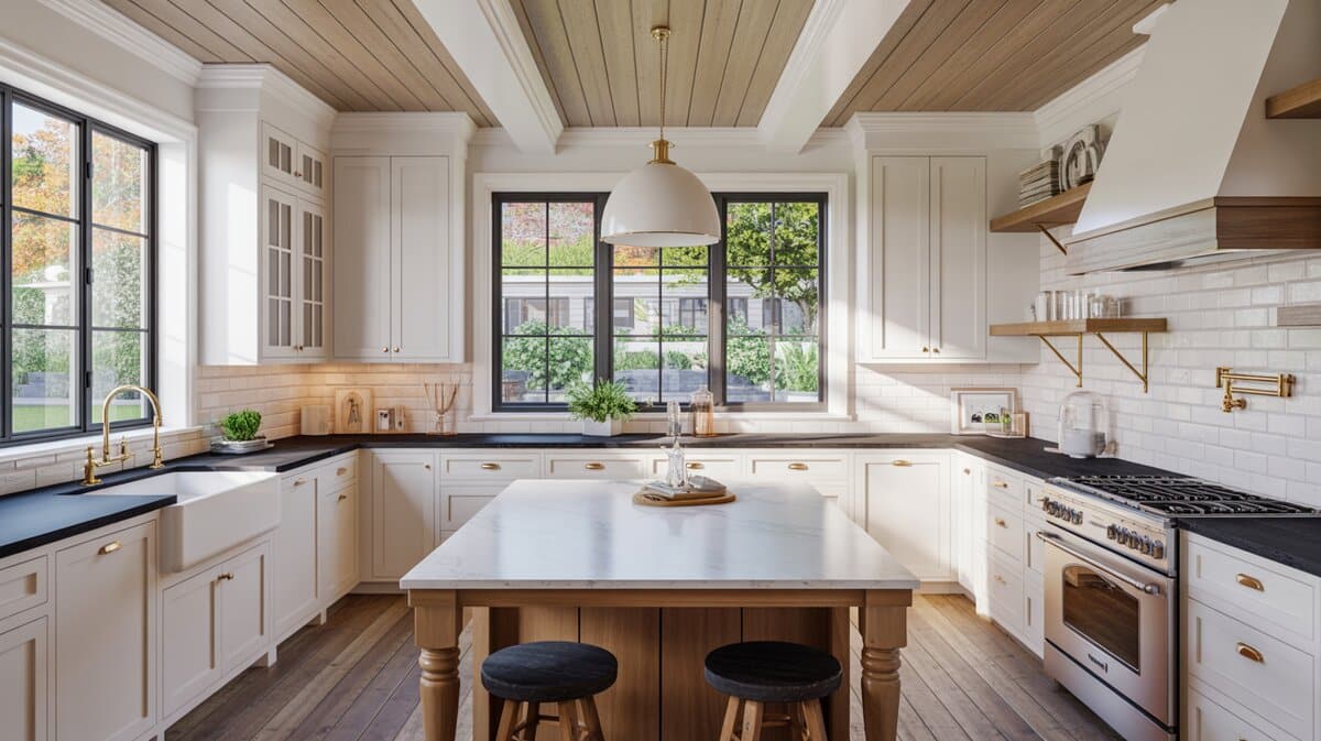 Modern farmhouse kitchen combining black soapstone perimeter counters with white marble island