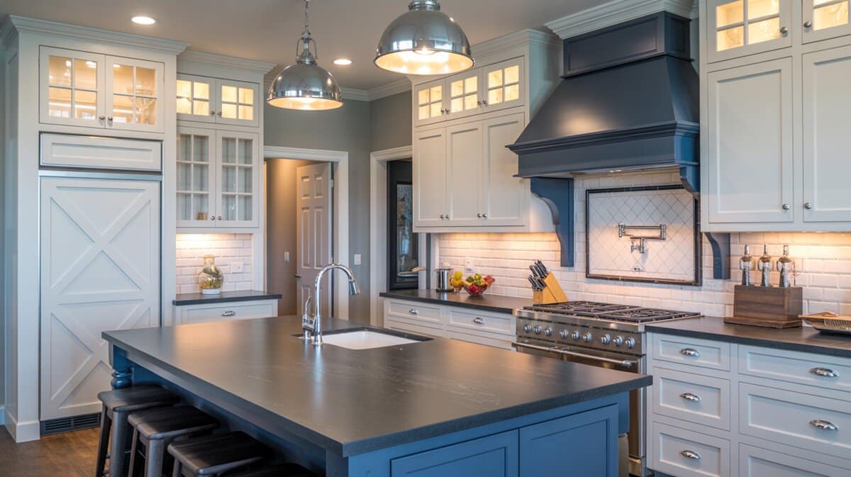 Modern farmhouse kitchen with white barn-style cabinet doors and dark gray soapstone surfaces
