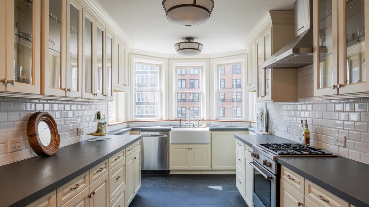 Modern galley kitchen with gray soapstone counters on both sides and black slate tile floor