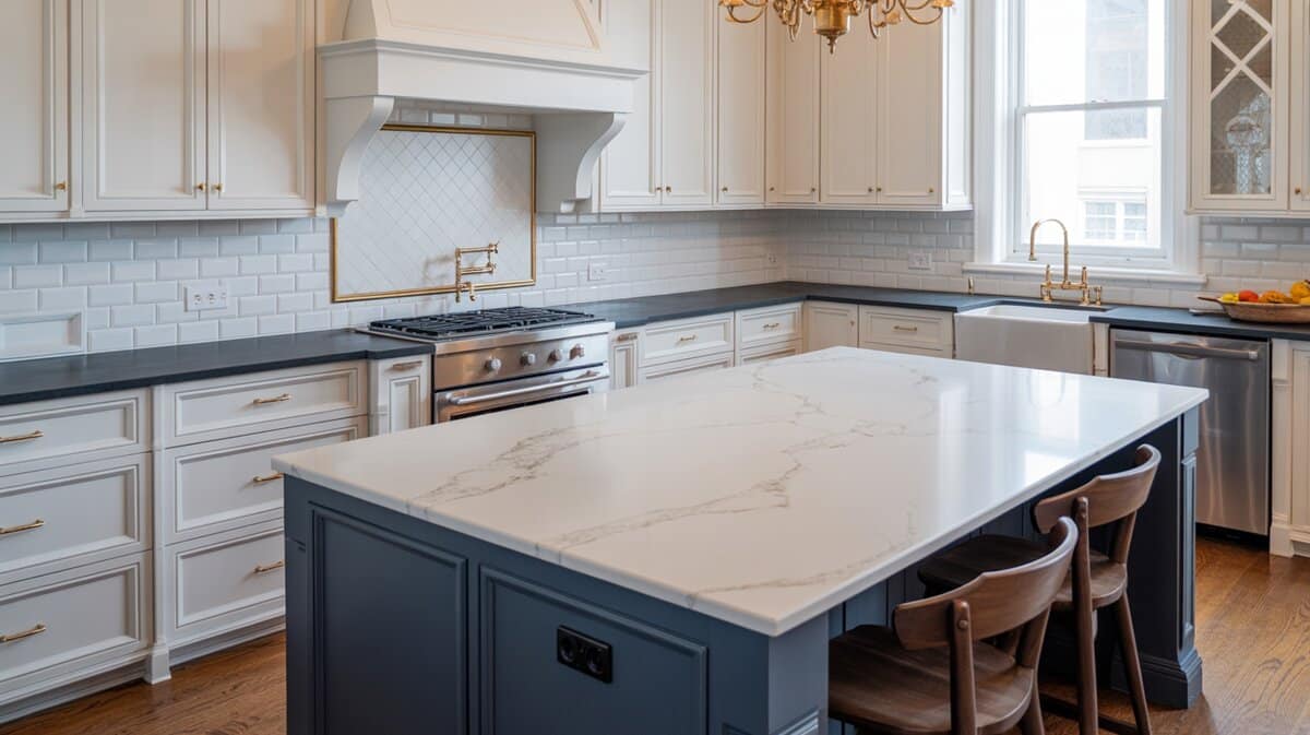 Modern kitchen with navy blue island topped in white soapstone and arabesque tile backsplash