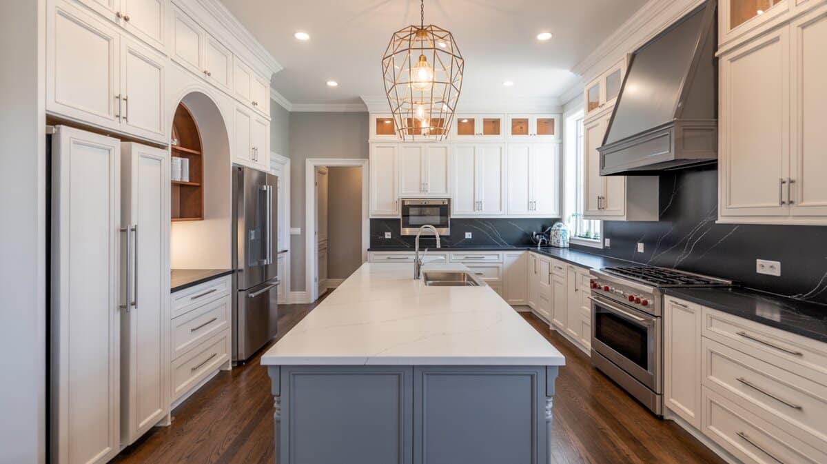 Modern transitional kitchen with white soapstone island contrasting dark soapstone backsplash wall