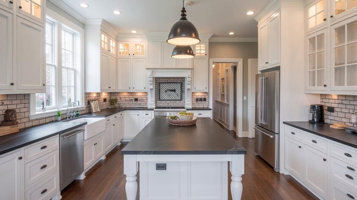 Modern white kitchen with black soapstone countertops throughout and stone mosaic tile backsplash