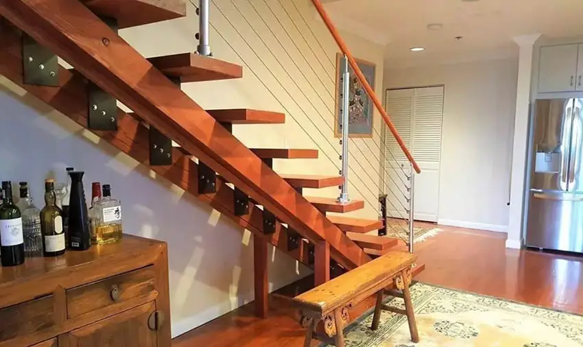 Modern wood staircase with home bar cabinet