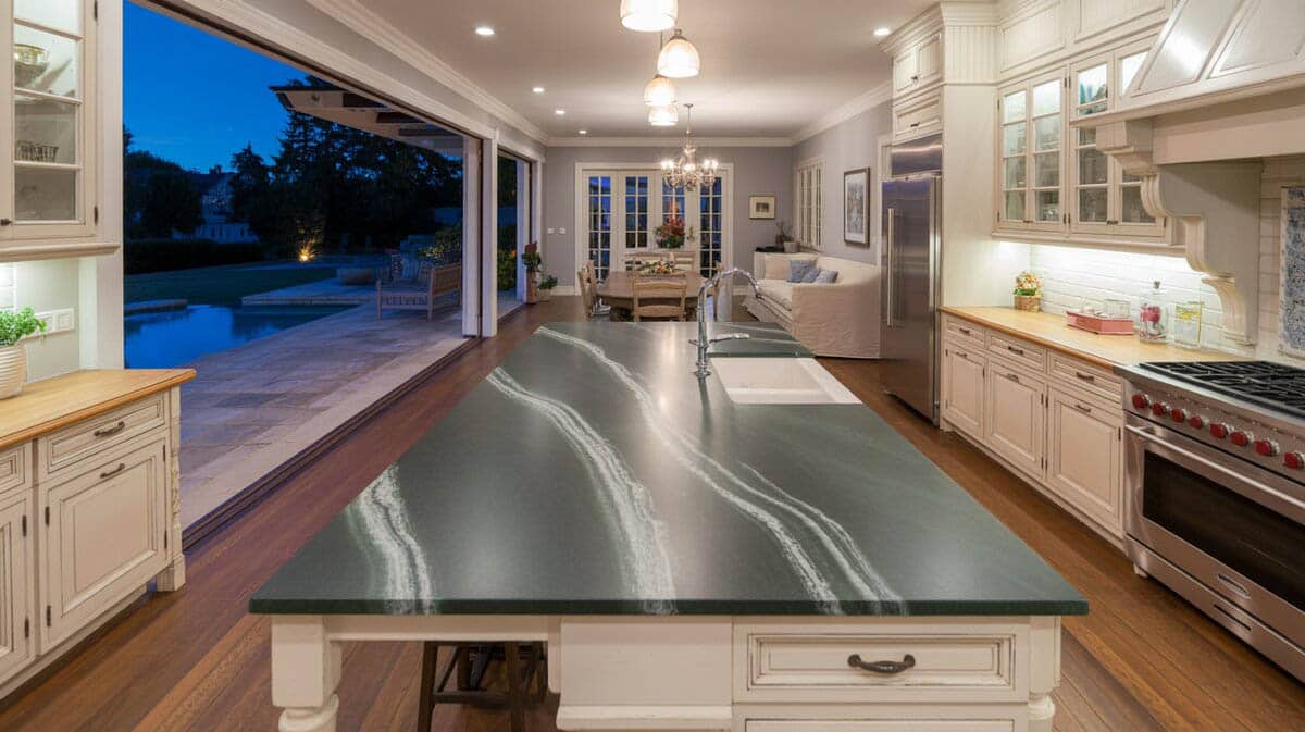 Large open-plan kitchen with oversized dark soapstone island featuring swirling white vein pattern