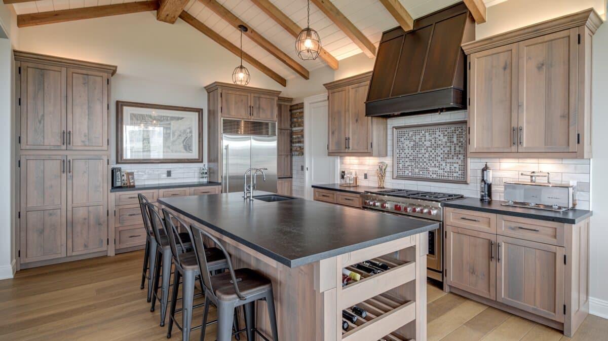 Rustic kitchen with weathered gray cabinets and black soapstone island featuring built-in wine rack