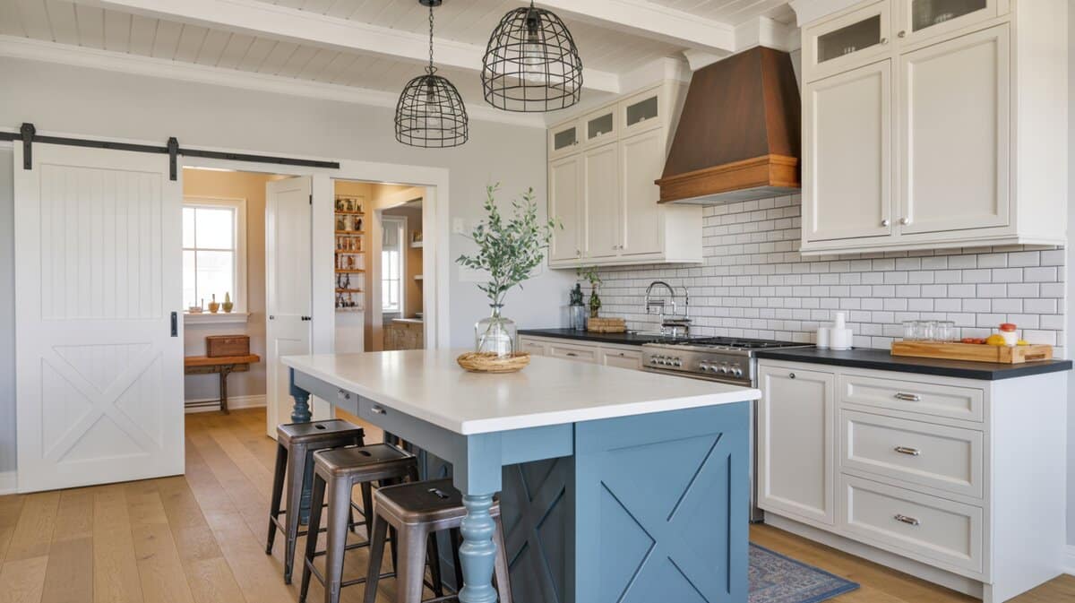 Scandinavian farmhouse kitchen with white soapstone island on a blue accent base cabinet