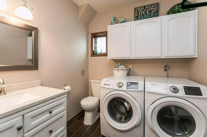 Shared laundry and small bathroom