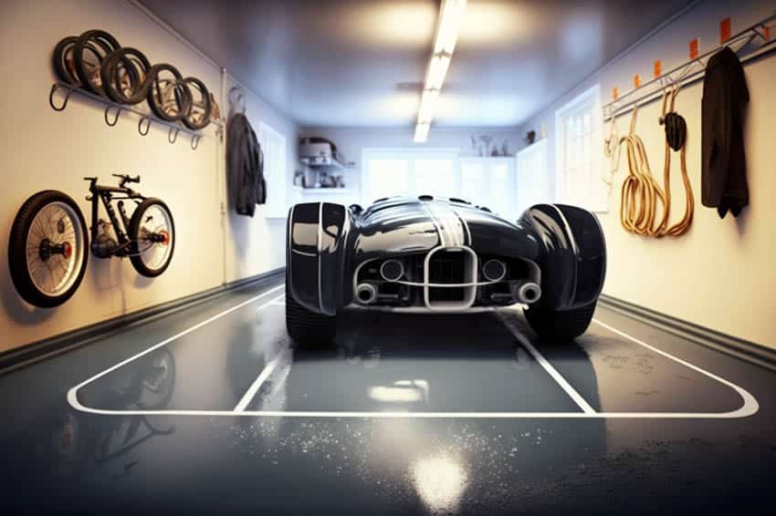 Sports car parked in tandem in-line garage