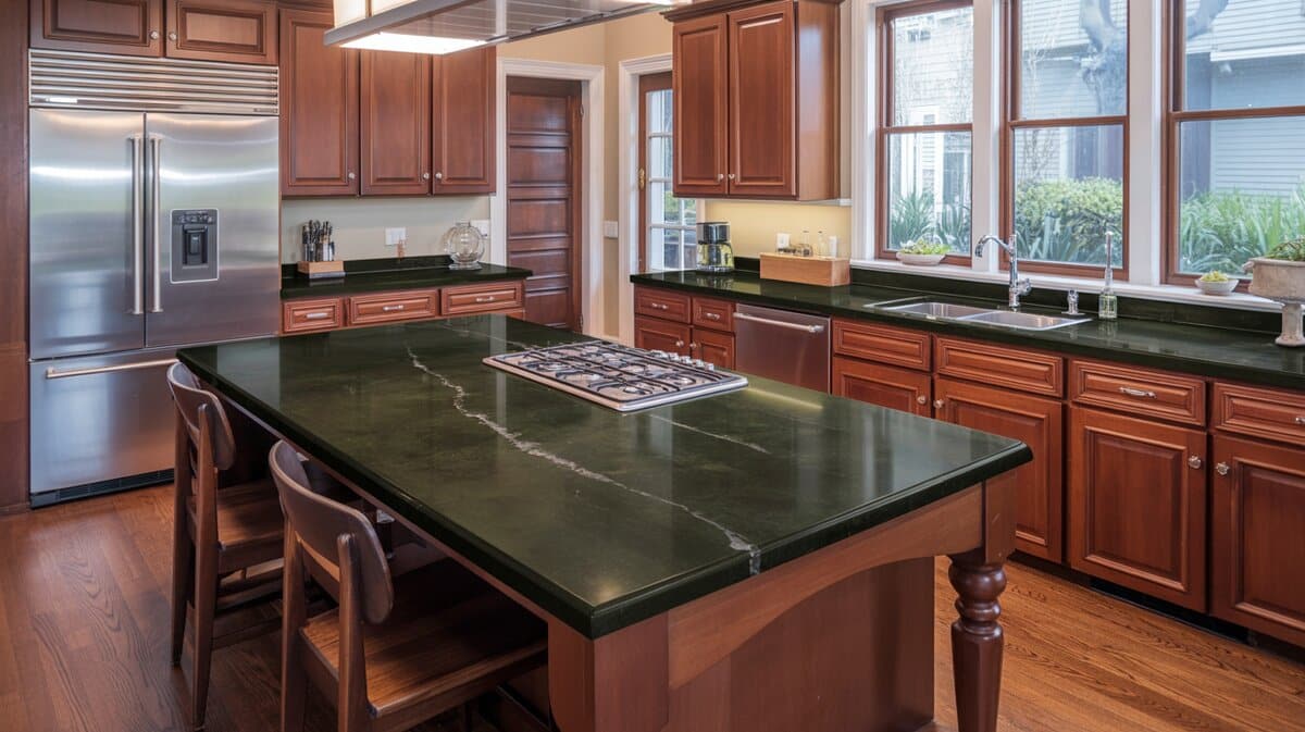 Traditional cherry wood kitchen with dark green soapstone countertops and white veining